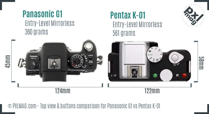 Panasonic G1 vs Pentax K-01 top view buttons comparison