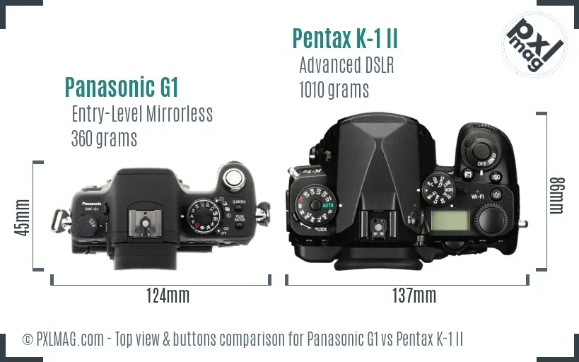 Panasonic G1 vs Pentax K-1 II top view buttons comparison