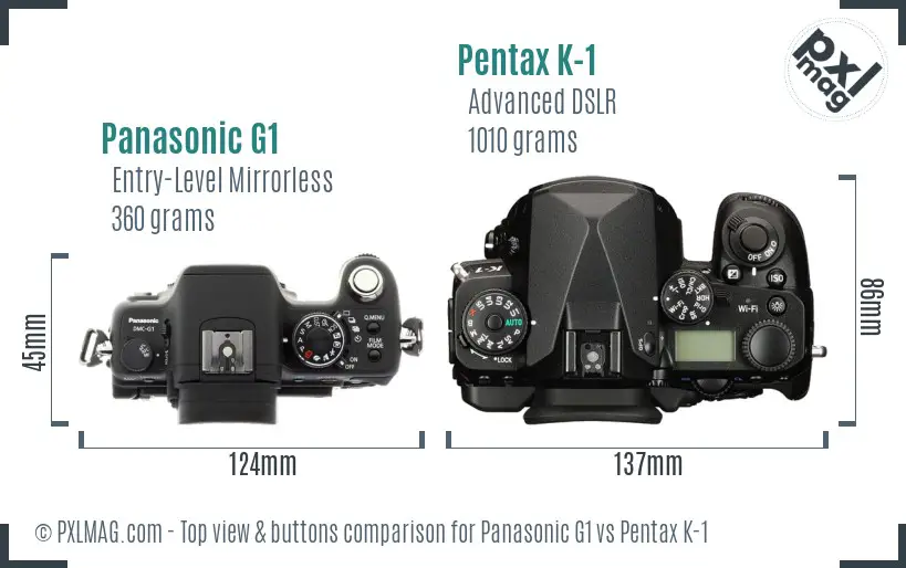 Panasonic G1 vs Pentax K-1 top view buttons comparison