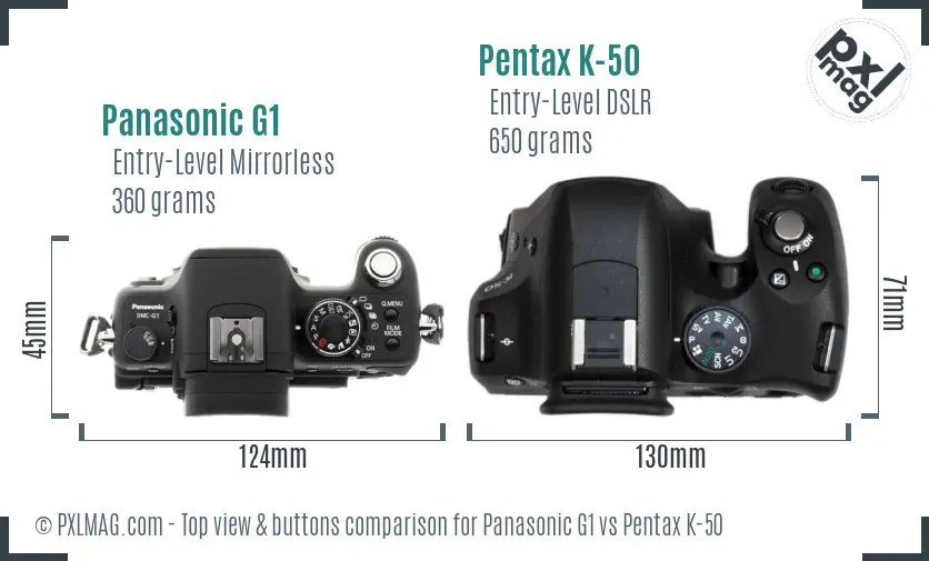 Panasonic G1 vs Pentax K-50 top view buttons comparison