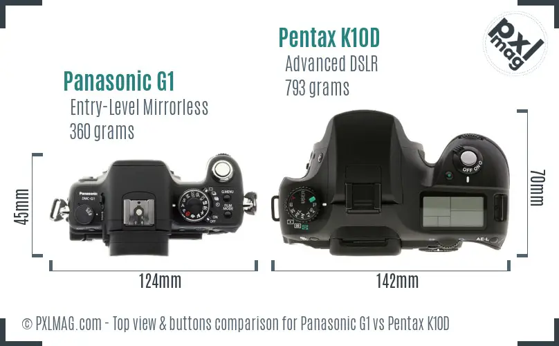 Panasonic G1 vs Pentax K10D top view buttons comparison