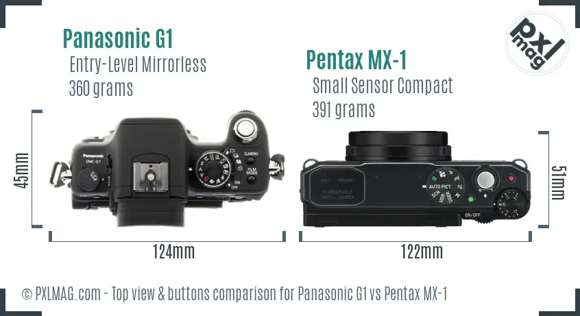 Panasonic G1 vs Pentax MX-1 top view buttons comparison