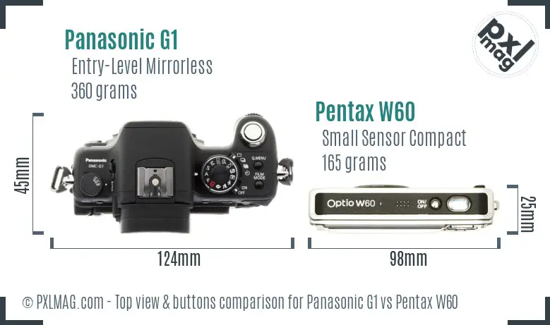 Panasonic G1 vs Pentax W60 top view buttons comparison