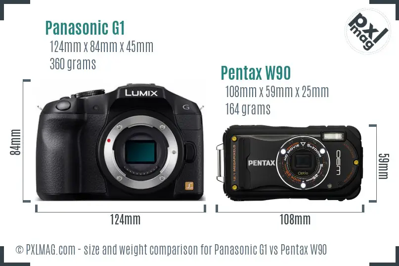 Panasonic G1 vs Pentax W90 size comparison
