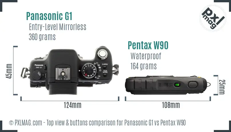 Panasonic G1 vs Pentax W90 top view buttons comparison