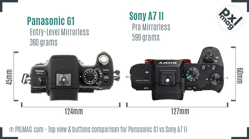 Panasonic G1 vs Sony A7 II top view buttons comparison