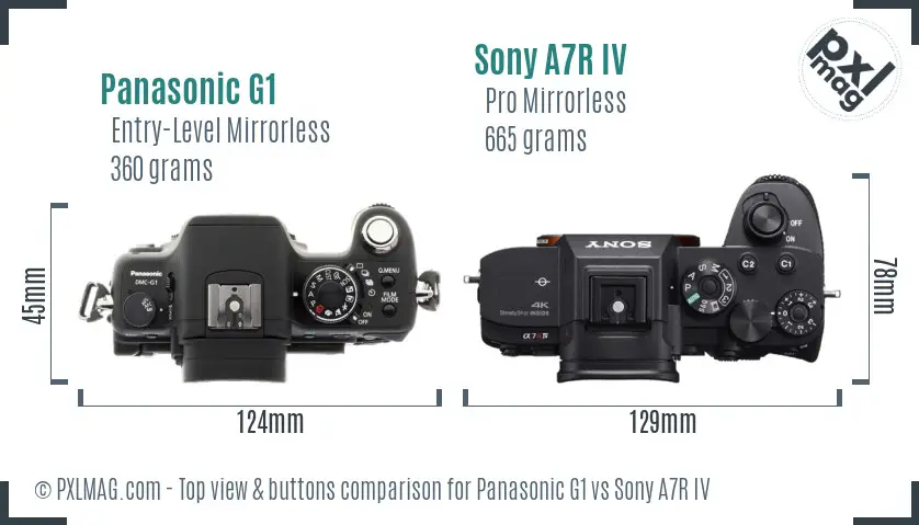 Panasonic G1 vs Sony A7R IV top view buttons comparison
