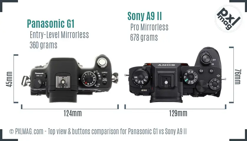Panasonic G1 vs Sony A9 II top view buttons comparison