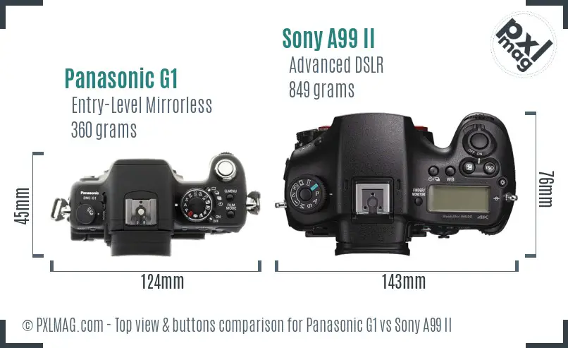 Panasonic G1 vs Sony A99 II top view buttons comparison