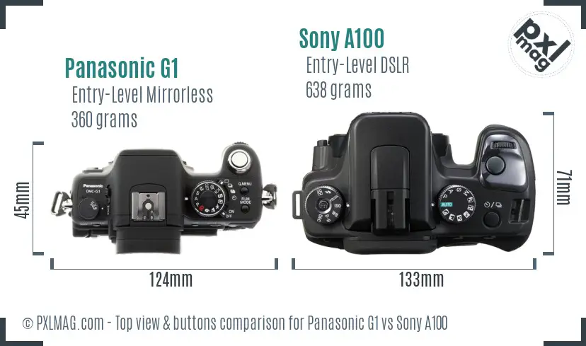 Panasonic G1 vs Sony A100 top view buttons comparison Panasonic G1 vs Sony A100 top view buttons comparison