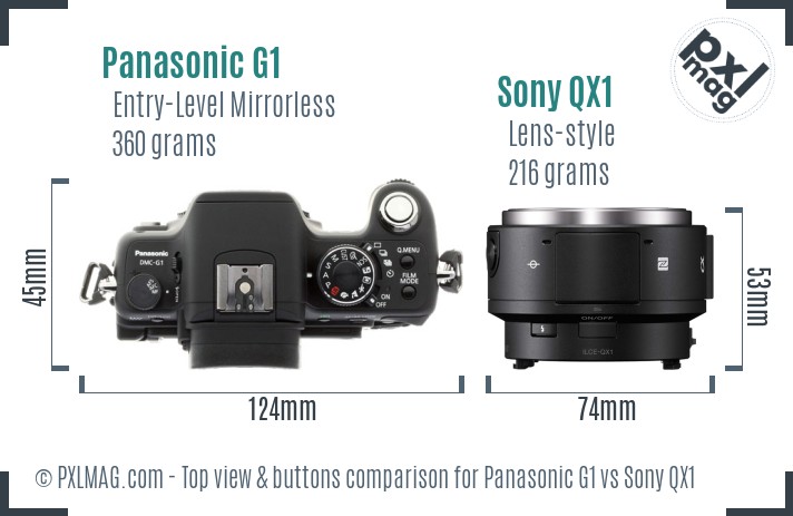 Panasonic G1 vs Sony QX1 top view buttons comparison