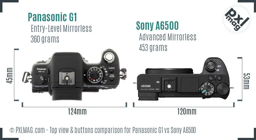 Panasonic G1 vs Sony A6500 top view buttons comparison
