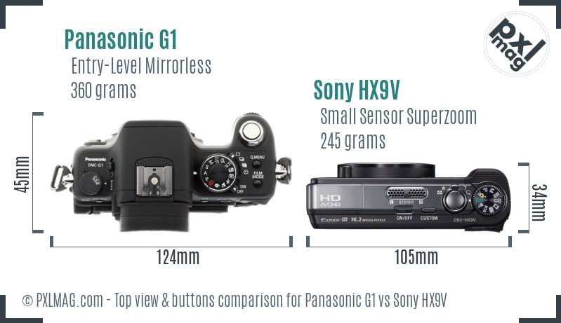 Panasonic G1 vs Sony HX9V top view buttons comparison