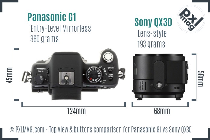 Panasonic G1 vs Sony QX30 top view buttons comparison