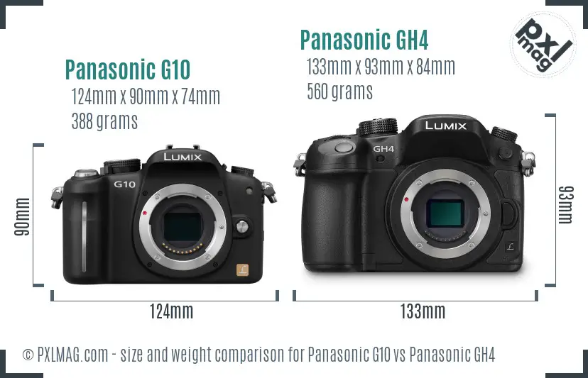 Panasonic G10 vs Panasonic GH4 size comparison
