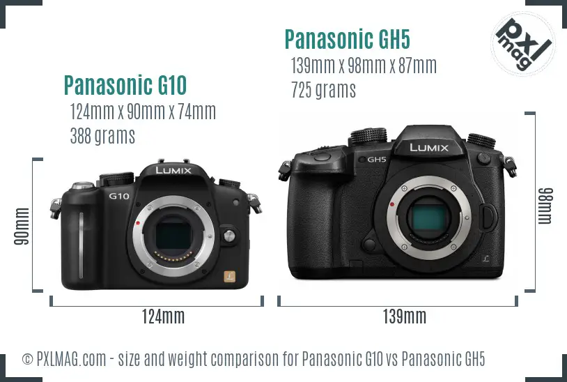 Panasonic G10 vs Panasonic GH5 size comparison
