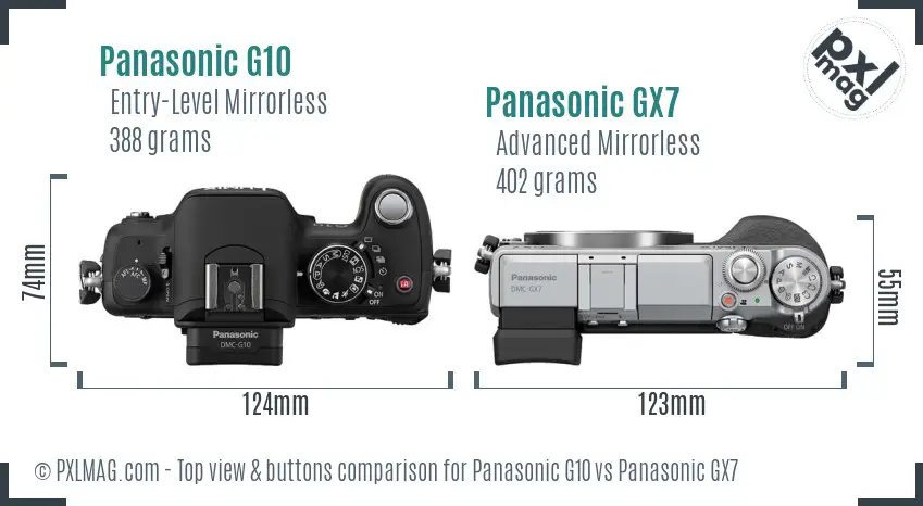 Panasonic G10 vs Panasonic GX7 top view buttons comparison