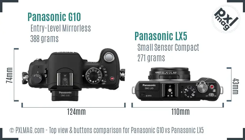 Panasonic G10 vs Panasonic LX5 top view buttons comparison