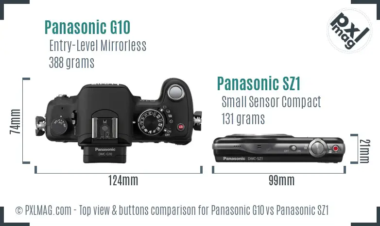 Panasonic G10 vs Panasonic SZ1 top view buttons comparison