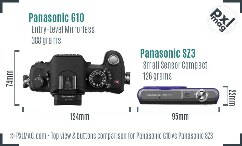 Panasonic G10 vs Panasonic SZ3 top view buttons comparison