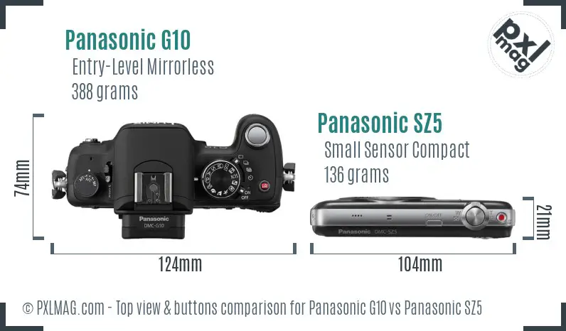 Panasonic G10 vs Panasonic SZ5 top view buttons comparison