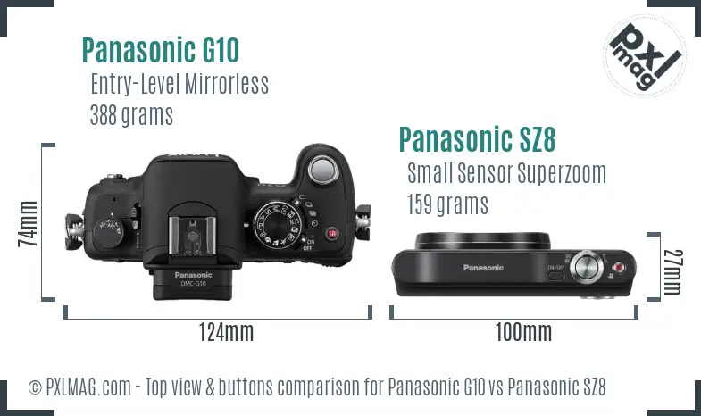 Panasonic G10 vs Panasonic SZ8 top view buttons comparison