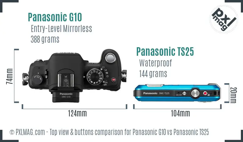 Panasonic G10 vs Panasonic TS25 top view buttons comparison