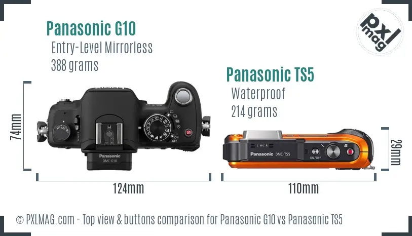 Panasonic G10 vs Panasonic TS5 top view buttons comparison