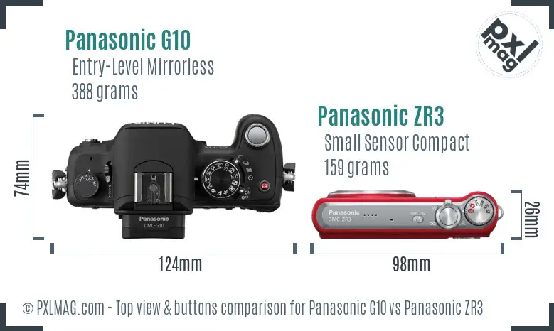 Panasonic G10 vs Panasonic ZR3 top view buttons comparison