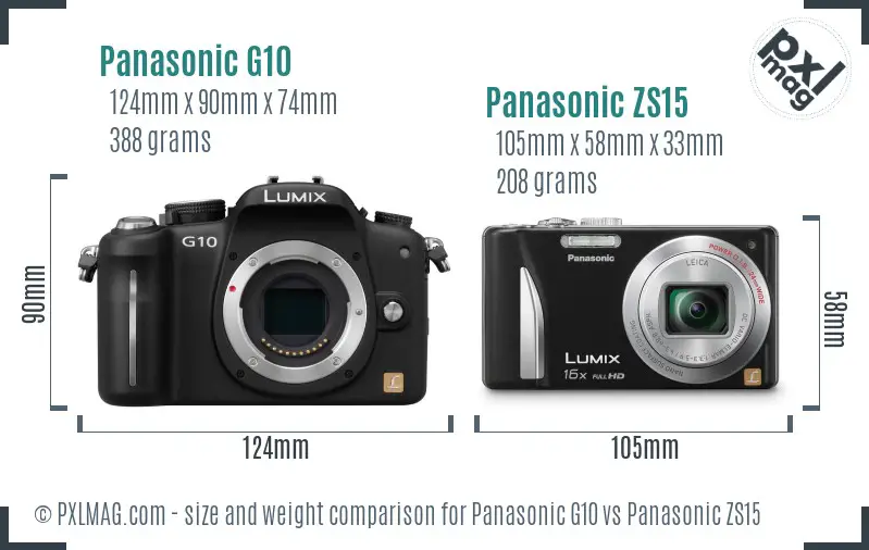 Panasonic G10 vs Panasonic ZS15 size comparison