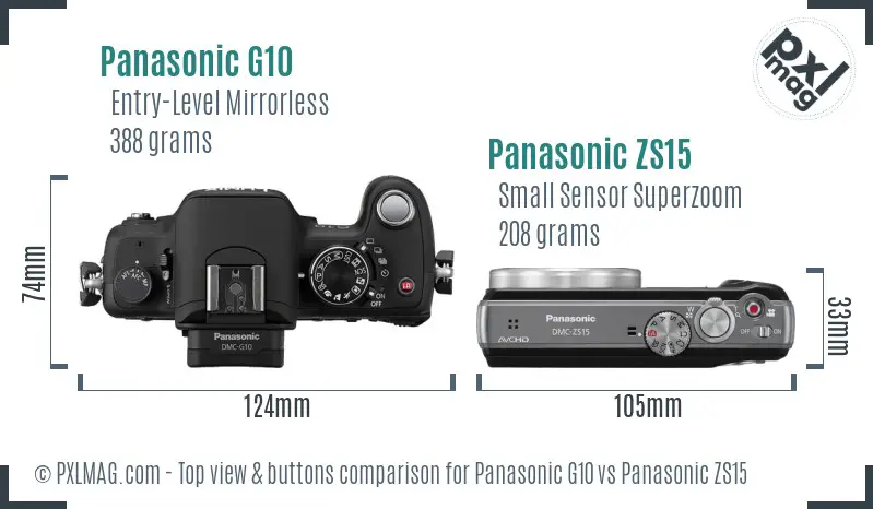 Panasonic G10 vs Panasonic ZS15 top view buttons comparison