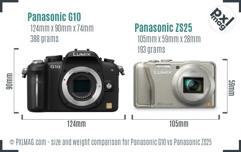 Panasonic G10 vs Panasonic ZS25 size comparison