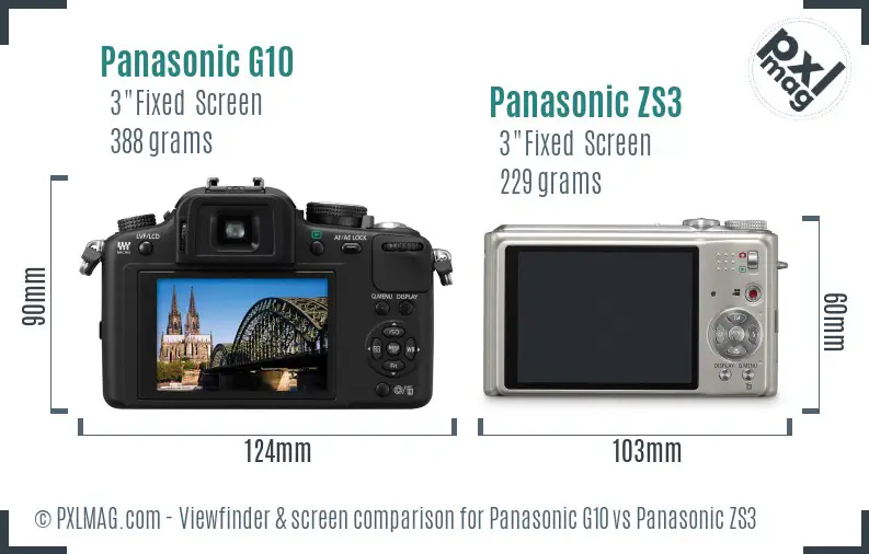 Panasonic G10 vs Panasonic ZS3 Screen and Viewfinder comparison