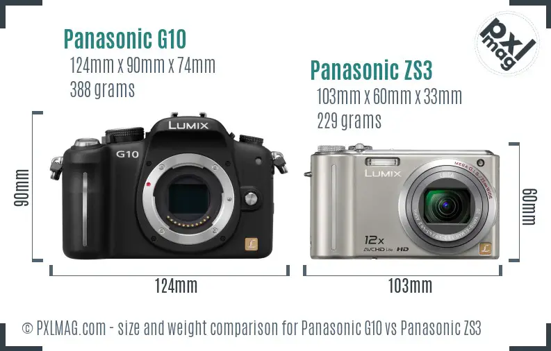 Panasonic G10 vs Panasonic ZS3 size comparison