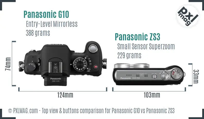 Panasonic G10 vs Panasonic ZS3 top view buttons comparison