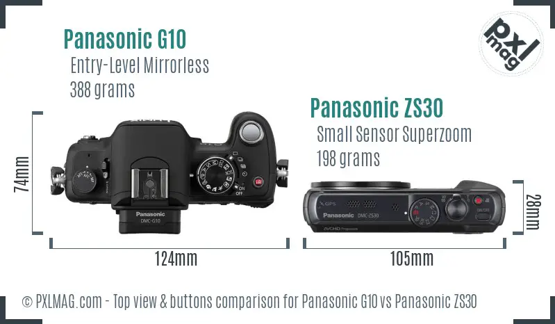 Panasonic G10 vs Panasonic ZS30 top view buttons comparison