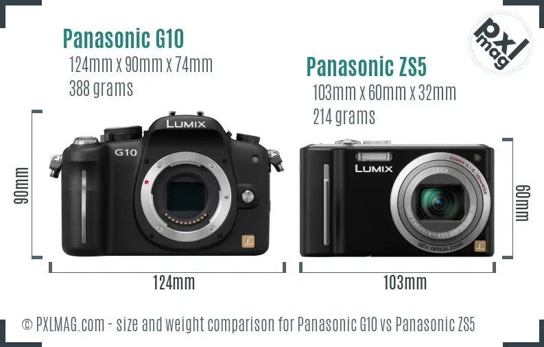 Panasonic G10 vs Panasonic ZS5 size comparison