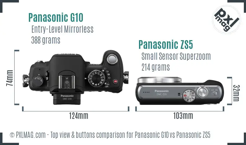 Panasonic G10 vs Panasonic ZS5 top view buttons comparison