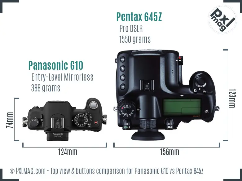 Panasonic G10 vs Pentax 645Z top view buttons comparison