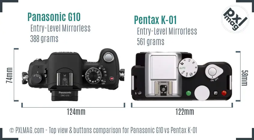 Panasonic G10 vs Pentax K-01 top view buttons comparison