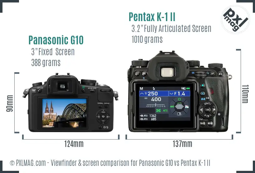 Panasonic G10 vs Pentax K-1 II Screen and Viewfinder comparison