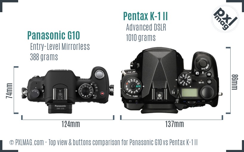Panasonic G10 vs Pentax K-1 II top view buttons comparison