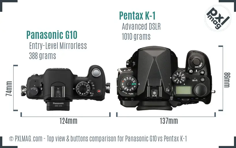 Panasonic G10 vs Pentax K-1 top view buttons comparison