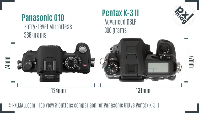 Panasonic G10 vs Pentax K-3 II top view buttons comparison