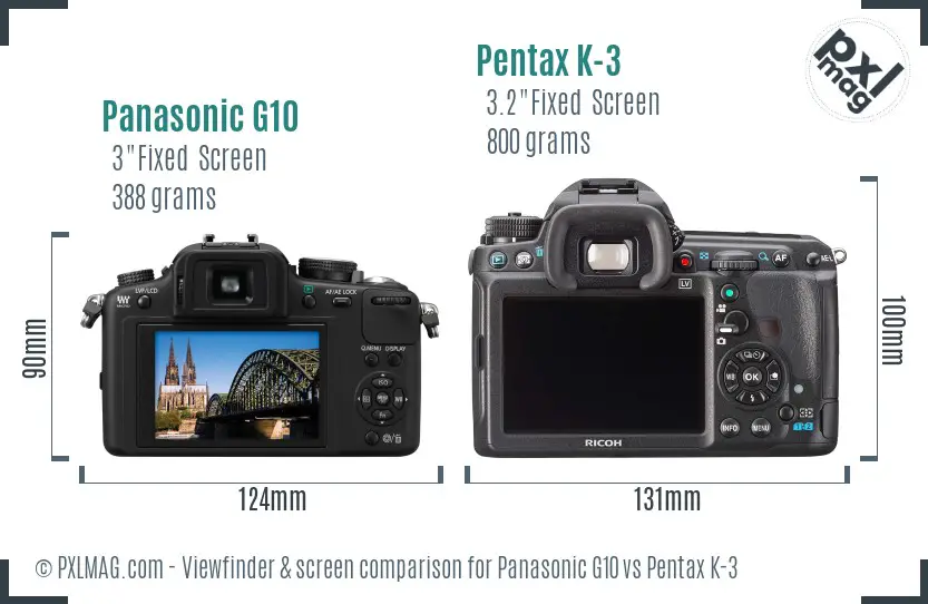 Panasonic G10 vs Pentax K-3 Screen and Viewfinder comparison