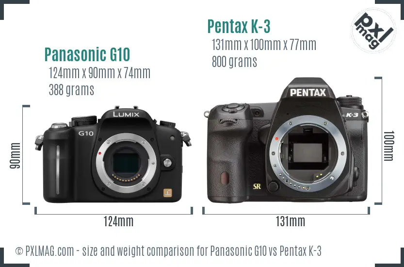 Panasonic G10 vs Pentax K-3 size comparison