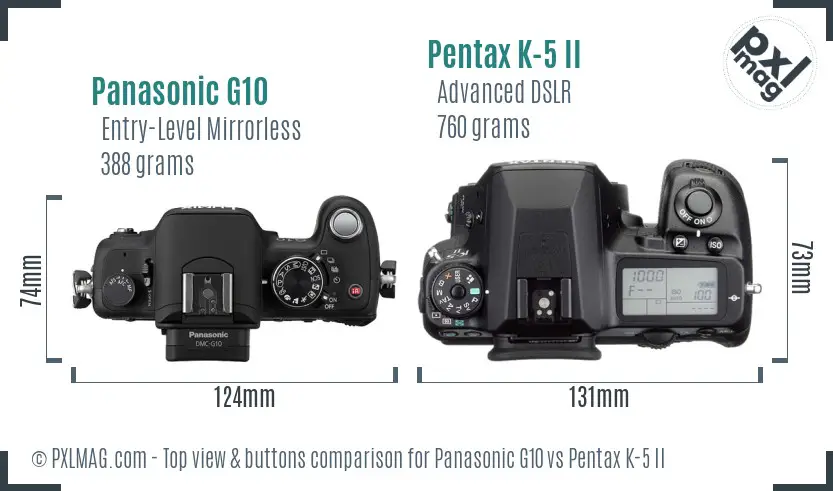 Panasonic G10 vs Pentax K-5 II top view buttons comparison