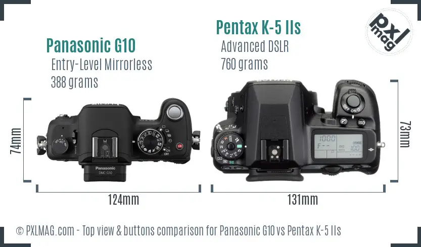 Panasonic G10 vs Pentax K-5 IIs top view buttons comparison