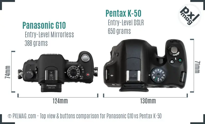 Panasonic G10 vs Pentax K-50 top view buttons comparison