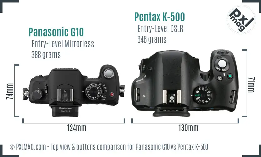 Panasonic G10 vs Pentax K-500 top view buttons comparison
